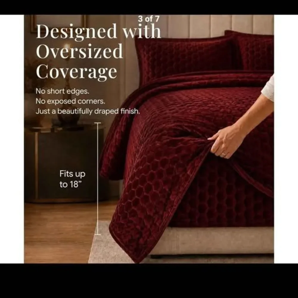 Plush Velvet Honeycomb Quilt Set in Burgundy with 2 Shams - new